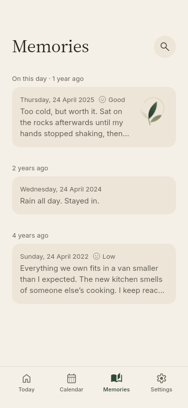 Memories in Lumenpage: fictional entries from one, two and four years ago.