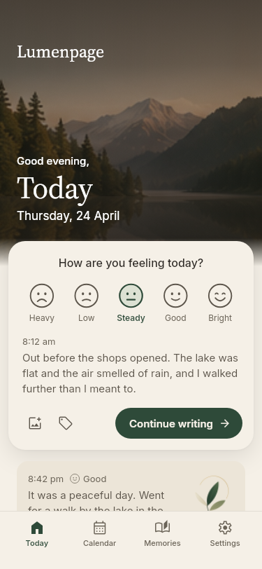 Today in Lumenpage: a mountain-lake header, mood check-in, sample journal entries and Continue writing.
