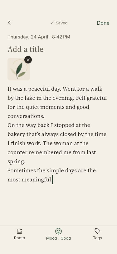 Write in Lumenpage: a fictional diary entry with an optional title, attached photo, mood and tags.